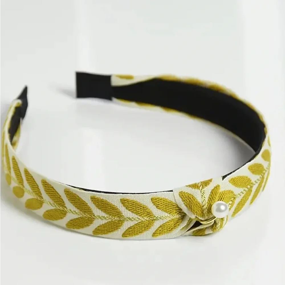 Yellow Floral Embroidered Faux Pearl Knotted Headband